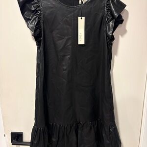 Black Pinch Faux Leather Ruffle-Sleeve Dress